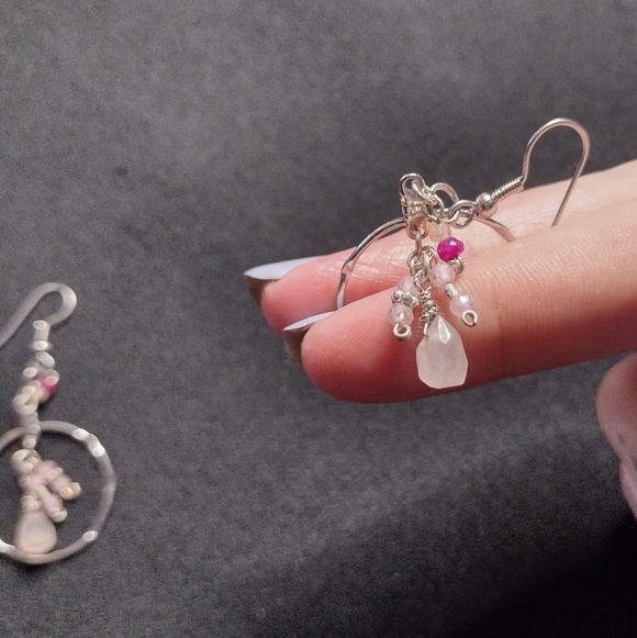 Rose Quartz and Garnet Antique Brass Earrings - Picture 3 of 9